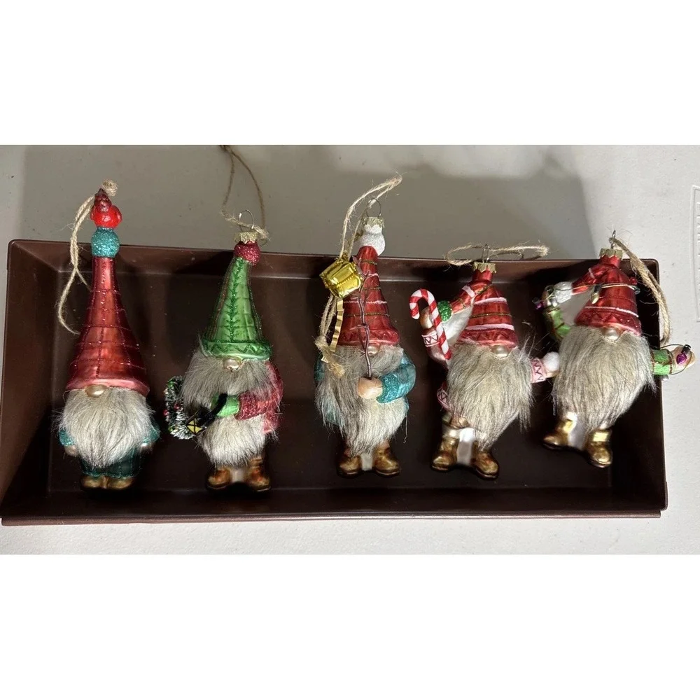 POTTERY BARN - New Mercury Glass GNOME Ornament w/ Faux Fur Beard - Set Of 5